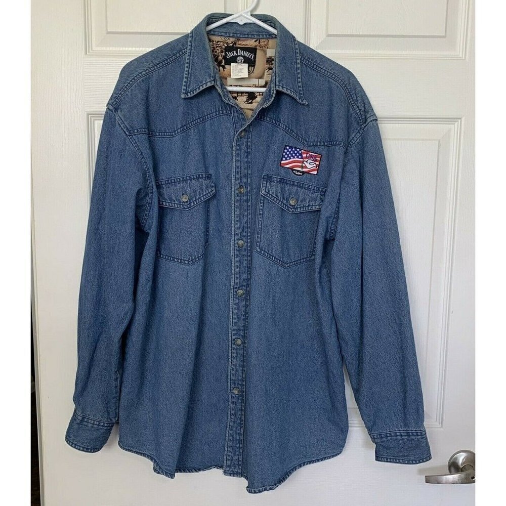 Jack Daniels Denim Men’s Large Shirt Blue Long Sleeve American Flag Dove Patch